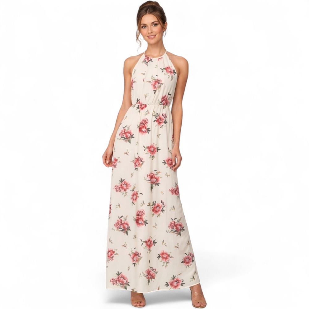 Scobe Floral Halter Maxi Dress Cream Pink Rose Print Size Medium Boho Wedding